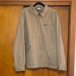 Men's Tan 100% Cotton Collared Jacket Full Zip Front Pockets Preppy Casual Basic
